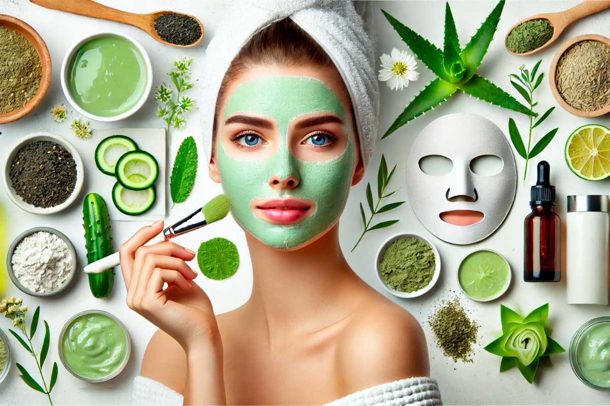 Mladá žena si nanáší přírodní pleťovou masku pro odstranění černých teček. Jsou zde ingredience pro péči o pleť, jako je aloe vera, zelený čaj, jílové masky a esenciální oleje.